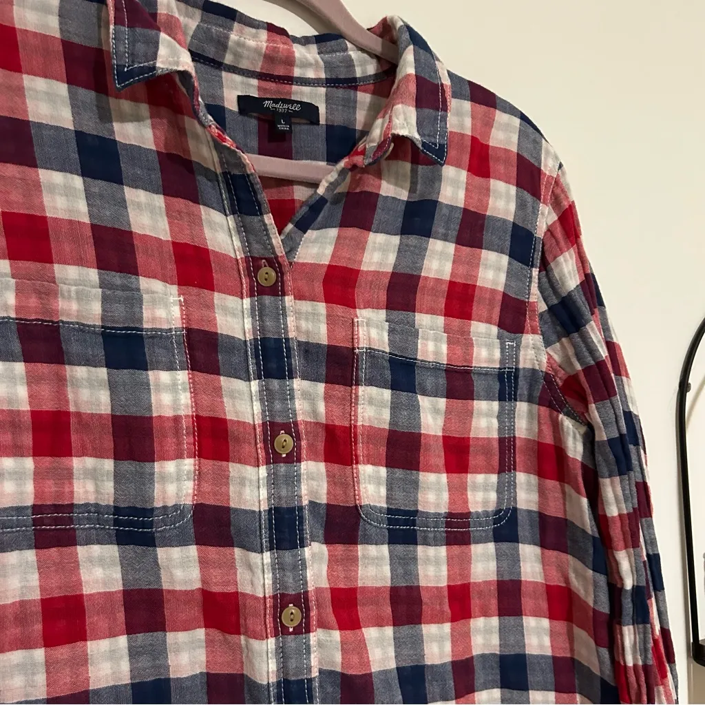 Madewell Ex-Boyfriend Emmett Red White & Blue Plaid Button Up Long Sleeve Shirt - Image 3