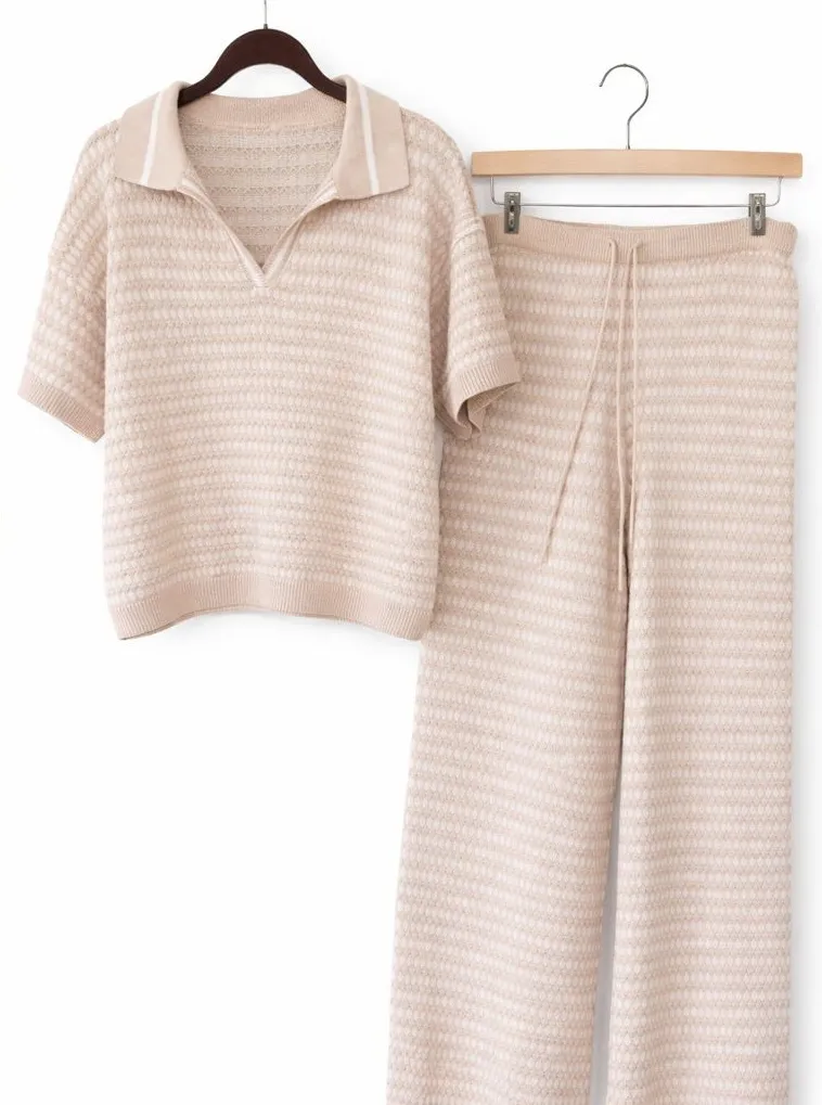Women’s Knit Lounge Set – Khaki Beige Textured Polo Top + Wide Leg Pant (Size L) Size L - Image 1