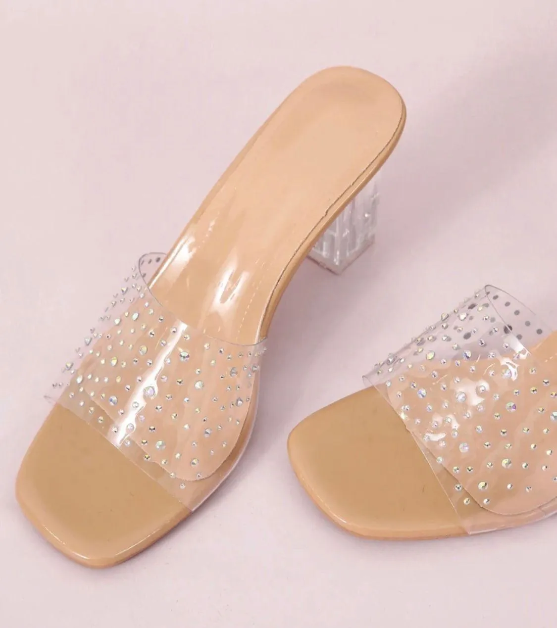 Beige Tan Neutral Rhinestone Block Heels Kitten Mules Size 6.5 - Image 3