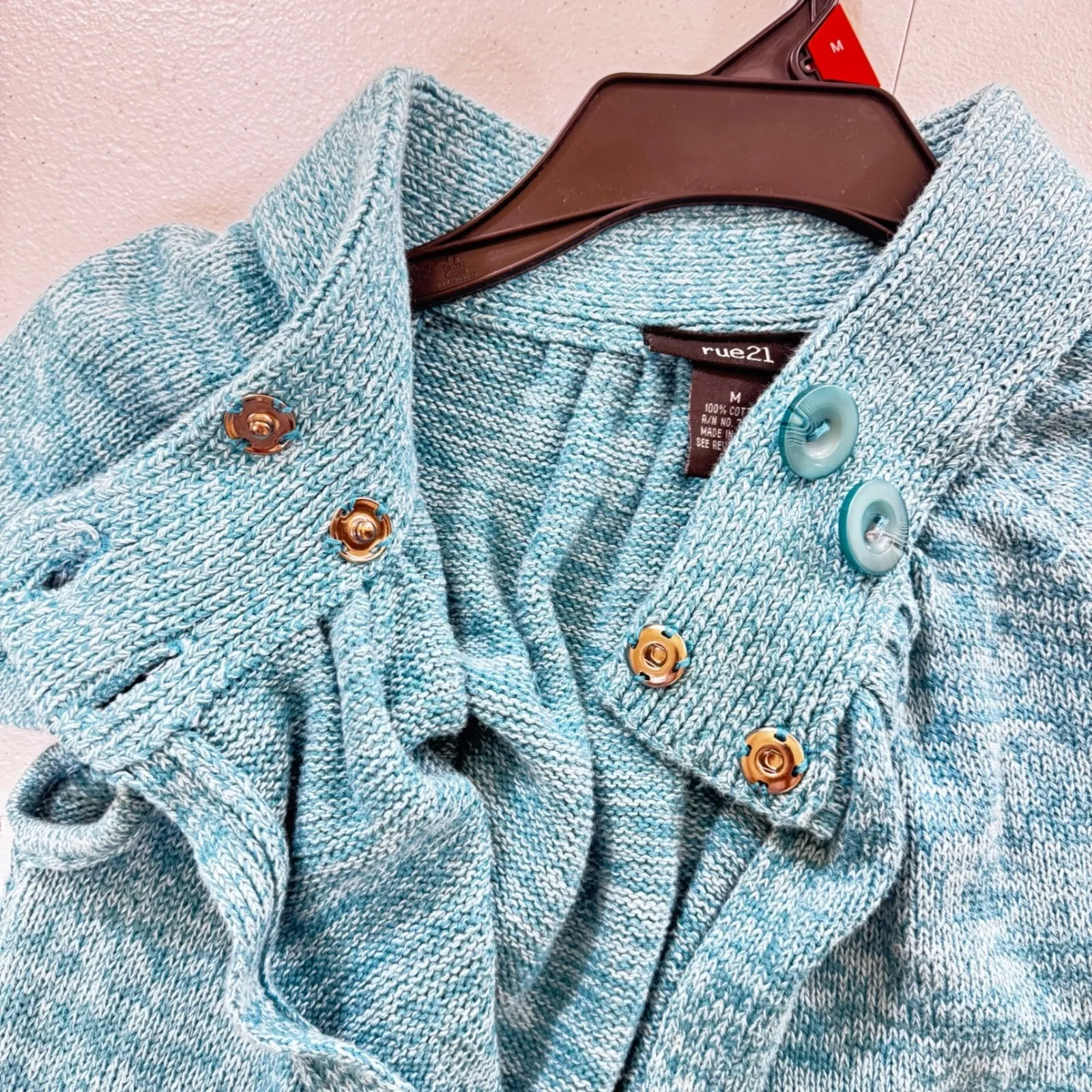 Casual Chic Rue 21 Blue Heathered Knit Short Sleeve babydoll Collared Sweater M Size M - Image 5