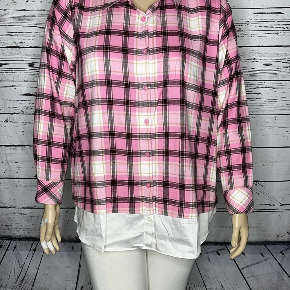 Issac Mizrahi Live! 20W Pink Plaid - White Layered Button Down Flannel Shirt Top - Image 2