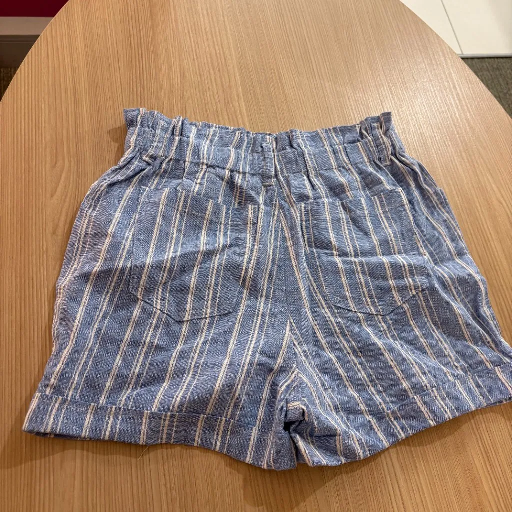 SO Shorts Small Blue White Stripes Paper Bag Waist Linen Rayon Blend Elastic - Image 3