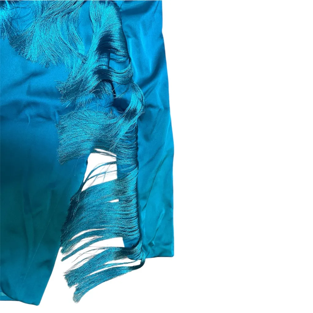 New Blue Buttercup Teal Satin Fringe Jacket
Size: Medium - Image 9