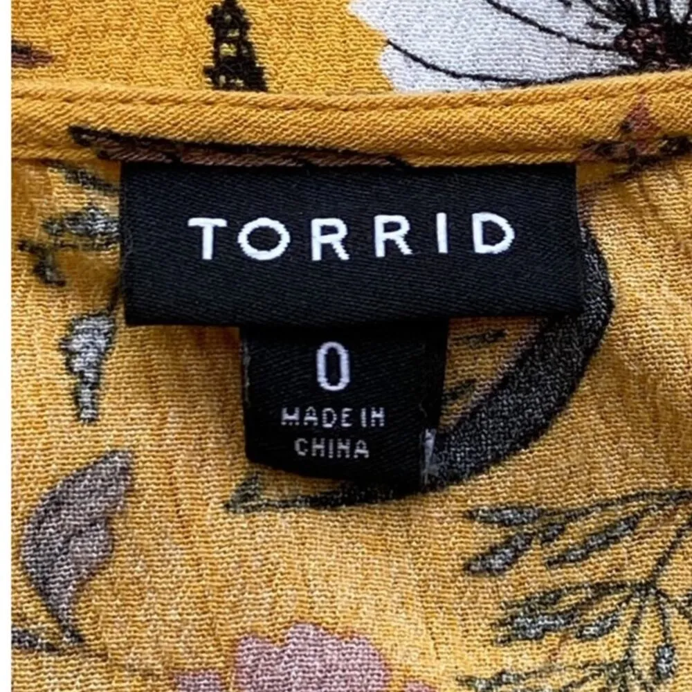 TORRID Yellow Gauze Crochet Trim Lace Up Floral Babydoll Smocked Top ~ Women's L - Image 11