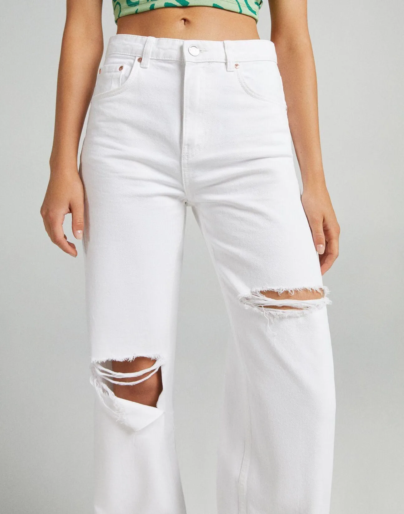 White High Waisted Straight Wide Leg Ripped Pants Denim Jeans - Image 2