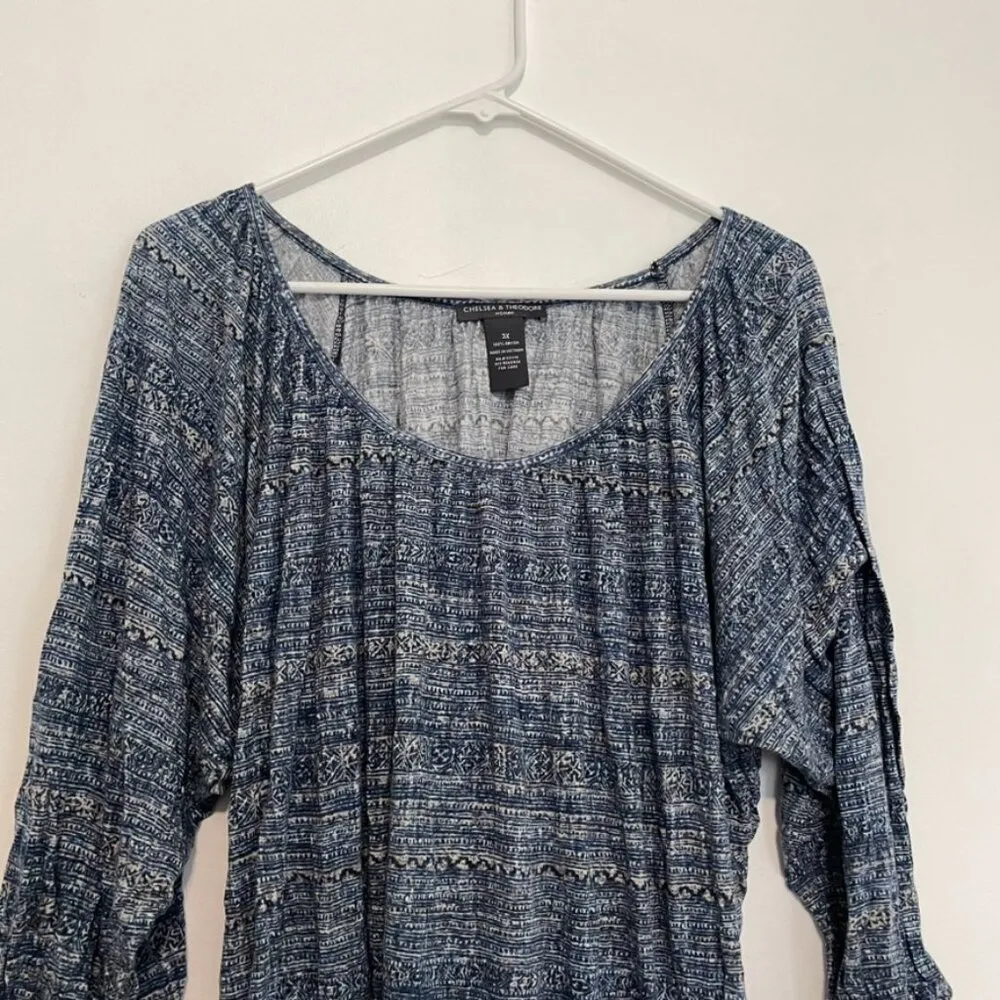 CHELSEA & THEODORE Plus Size Blue Cream Aztec Tribal 3/4 Sleeve Peasant Blouse - Image 2