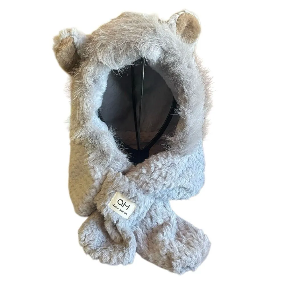 Gray Plush Hooded Scarf Hat With Animal Ears – Faux Fur Winter Wrap Gray - Image 2