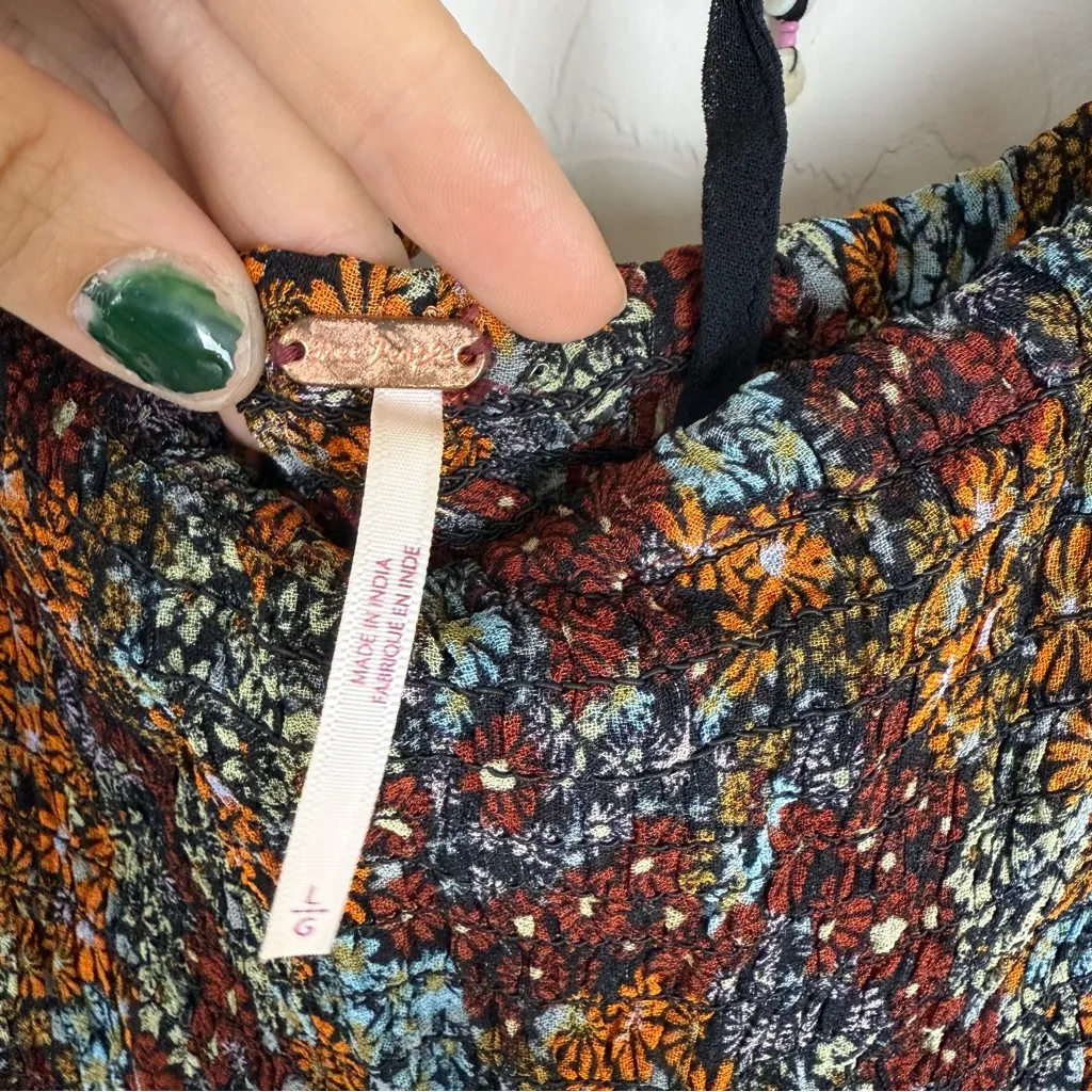 Free People Back On Top Crop Smocked Shirt Puff Sleeve Blouse Dark Combo - Image 7