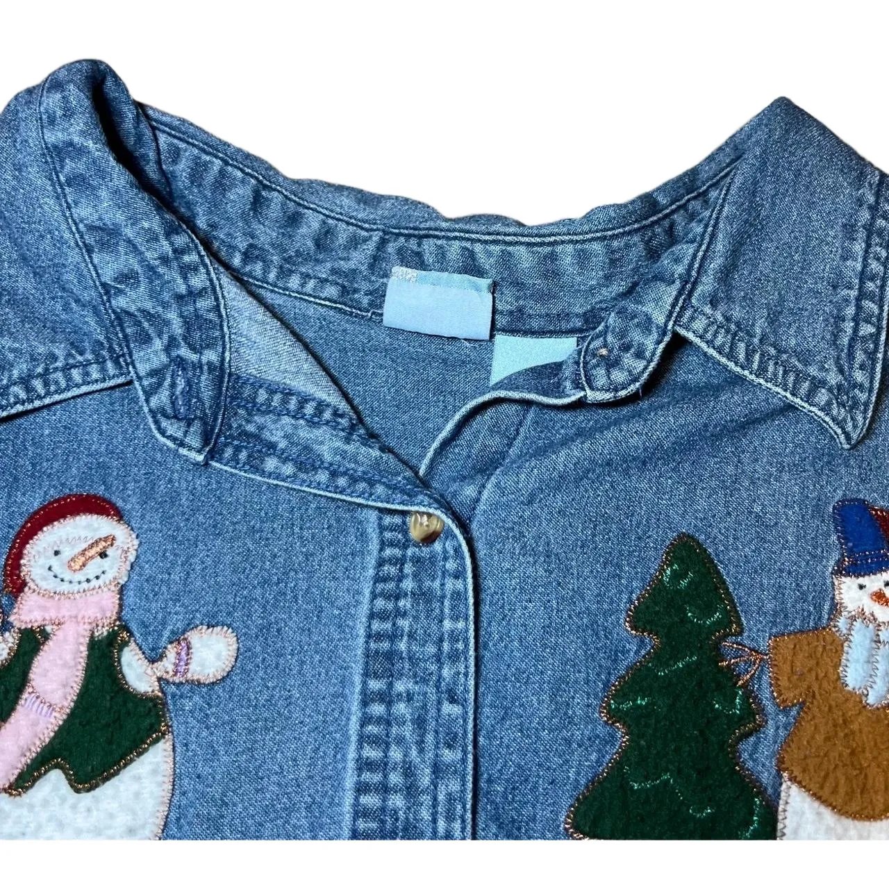 Vintage Christmas Denim Button Up Shirt Womens 2X‎ Blue Holiday Embroidered Snow - Image 4
