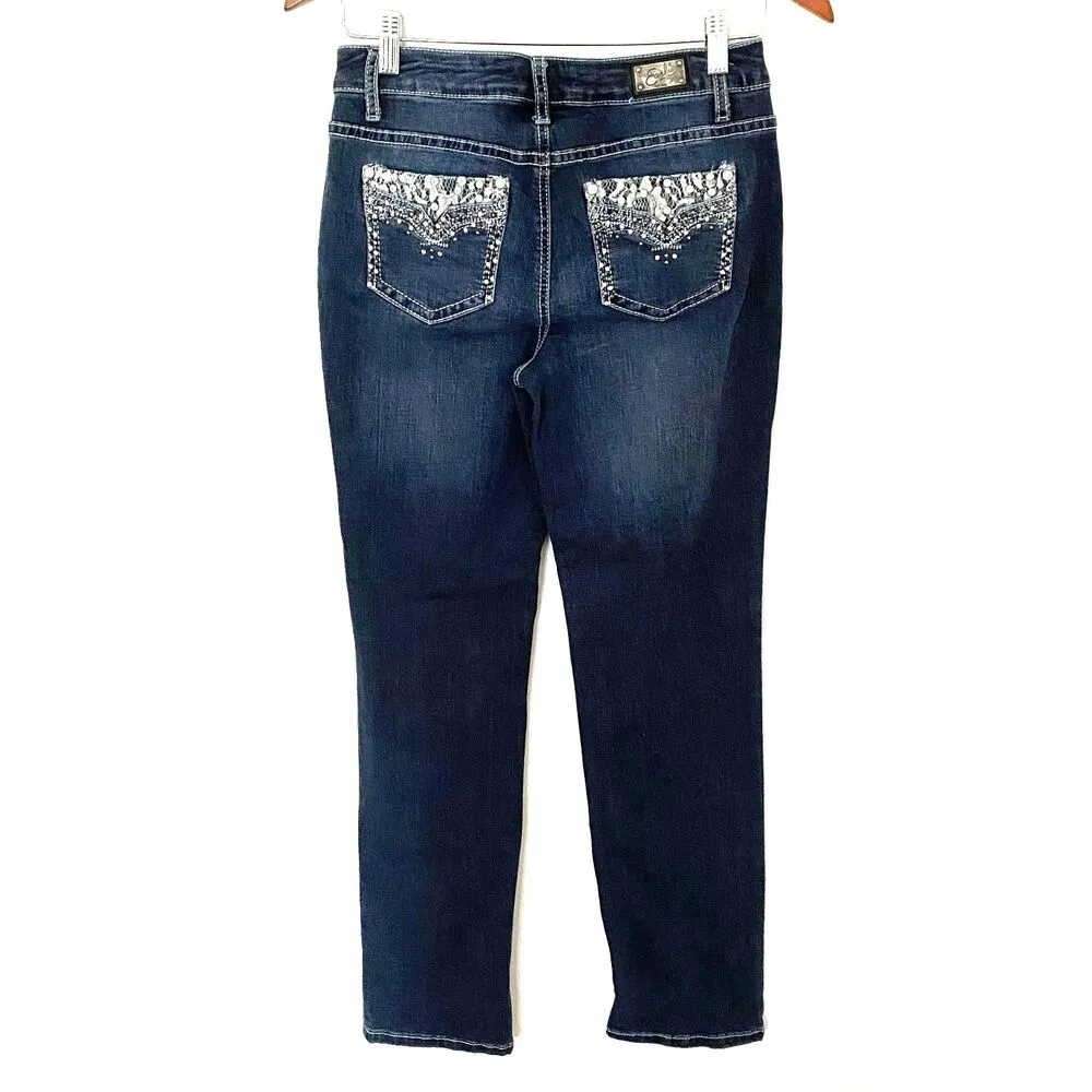 Earl Jeans VTG Y2K Rhinestone Lace Straight Leg Low Rise Stretchy Blue Jeans 6 - Image 2