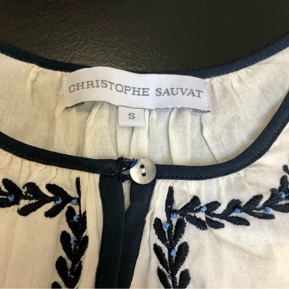 Anthro Christophe Sauvat Evil Eye Embroidered Peasant Top Tassels Boho Blue Sz A - Image 8