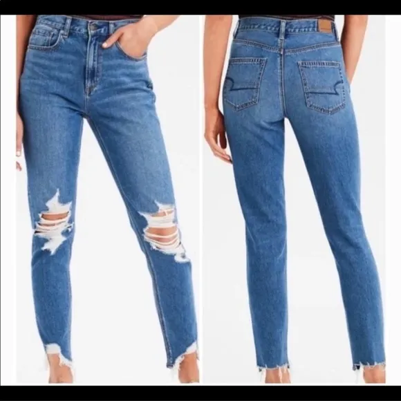 American Eagle Mom Jean Distressed Raw Chewed Hem Sz 4 Boho - Image 2