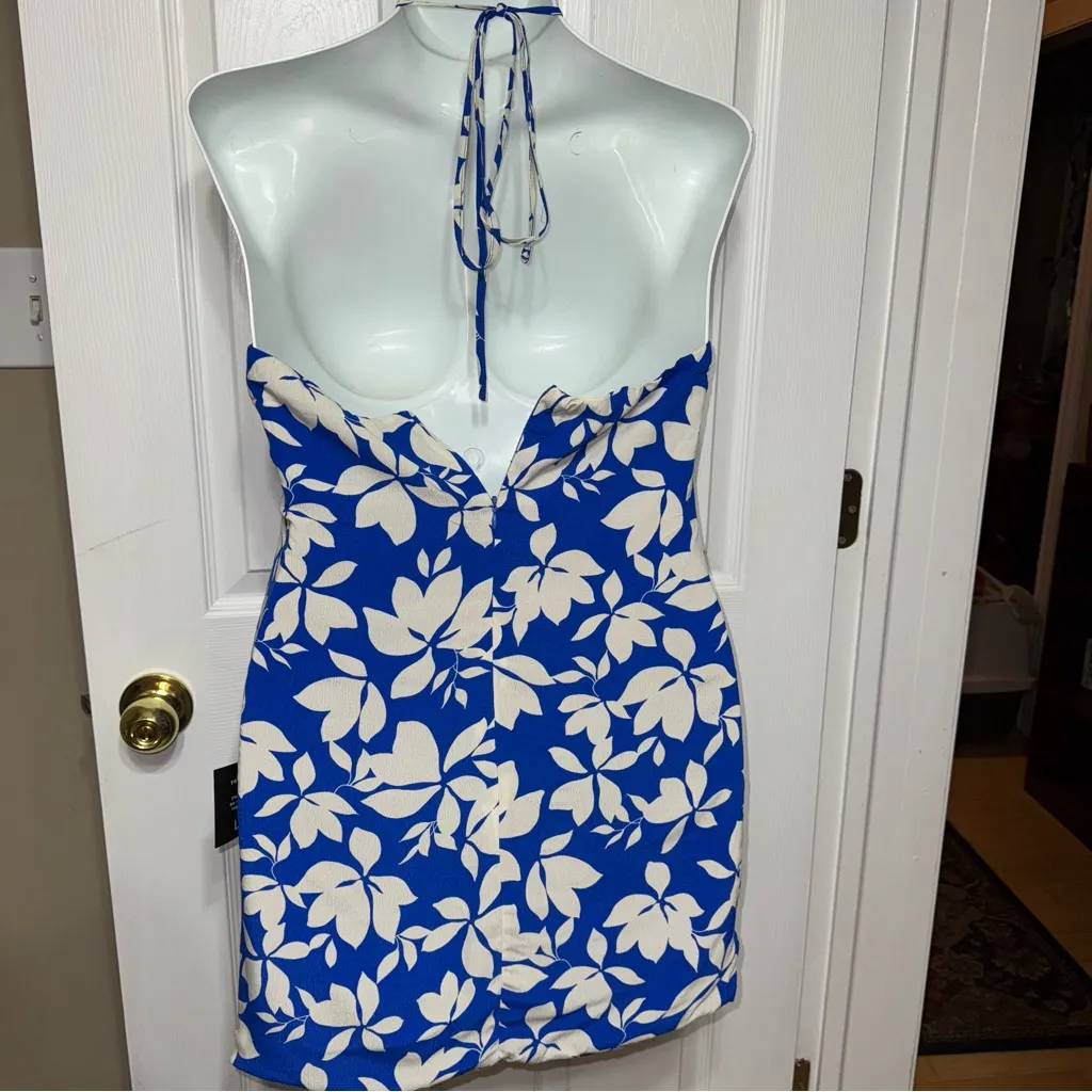 LULUS Show Off Time Blue Floral Print Ruched Halter Bodycon Dress Size XL NWT - Image 3
