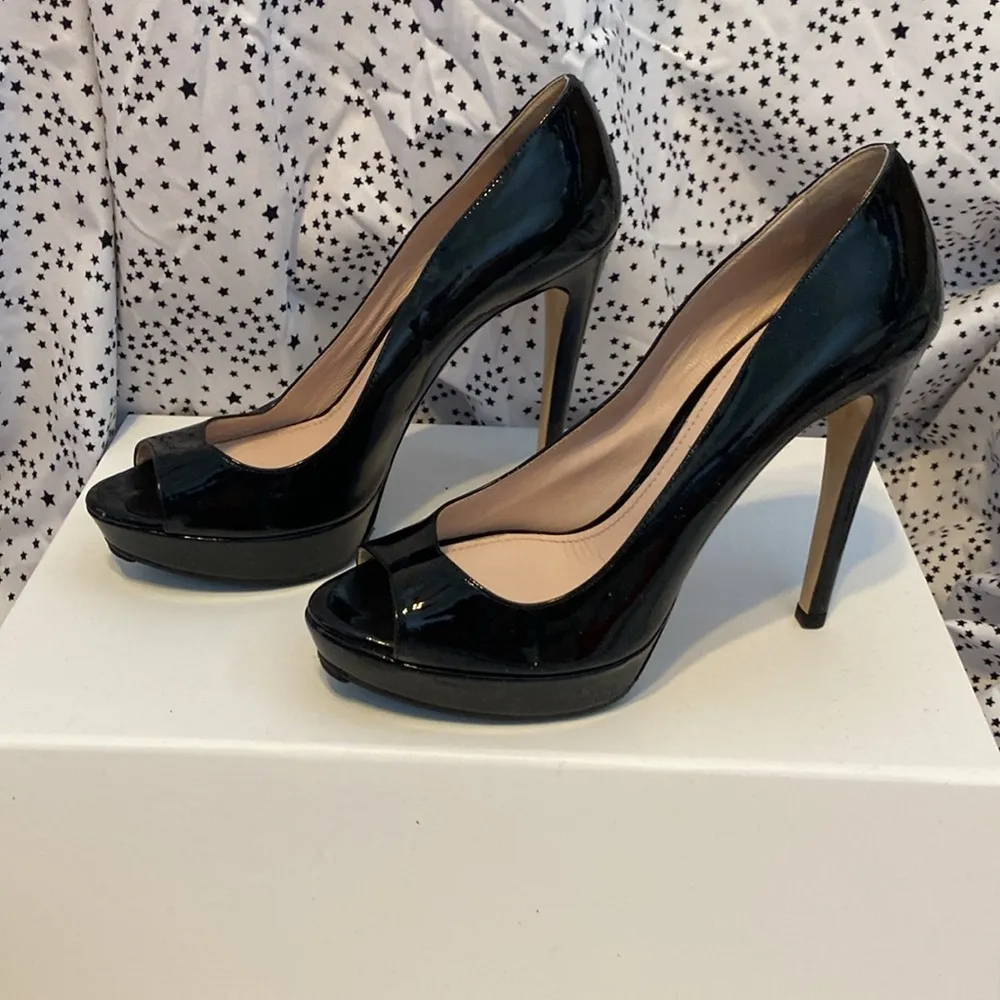 Miu Miu Black Patent Leather Stiletto Heels with Peep-Toe Design - Image 3