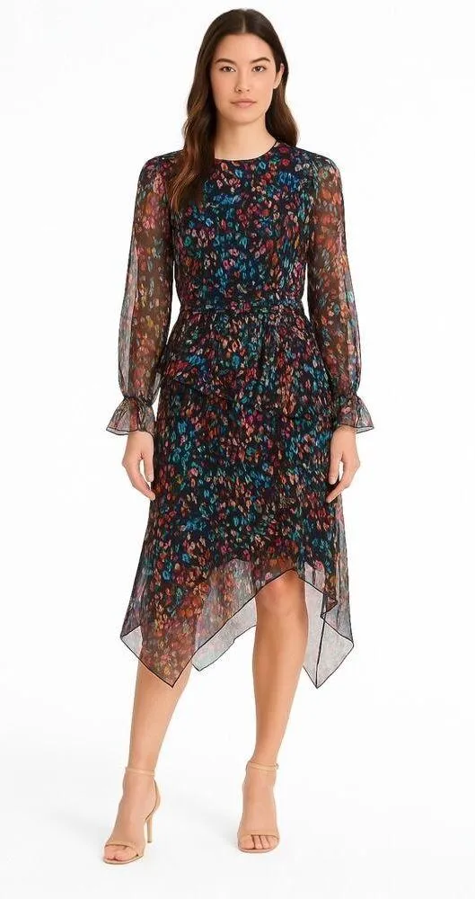 IRO Blank Black Floral Long Sleeve Ruffle Tiered Asymmetric Midi Dress 38 US 6 - Image 2