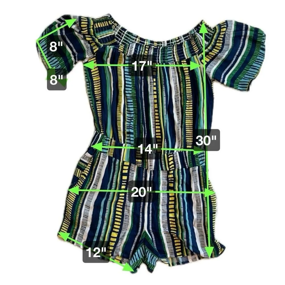 LOFT Beach Striped Off Shoulder Shorts Pull On Romper Pockets Size XS Vacation - Image 9