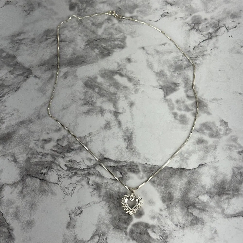 Vintage Sterling Silver Cubic Zirconia Open Heart Necklace Pendant & Chain - Image 2