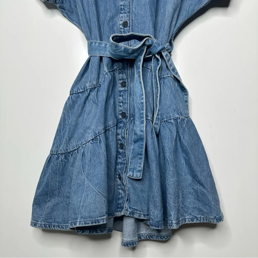 Zara Denim Blue Button Front Belted Tiered Mini Dress Size XL - Image 8