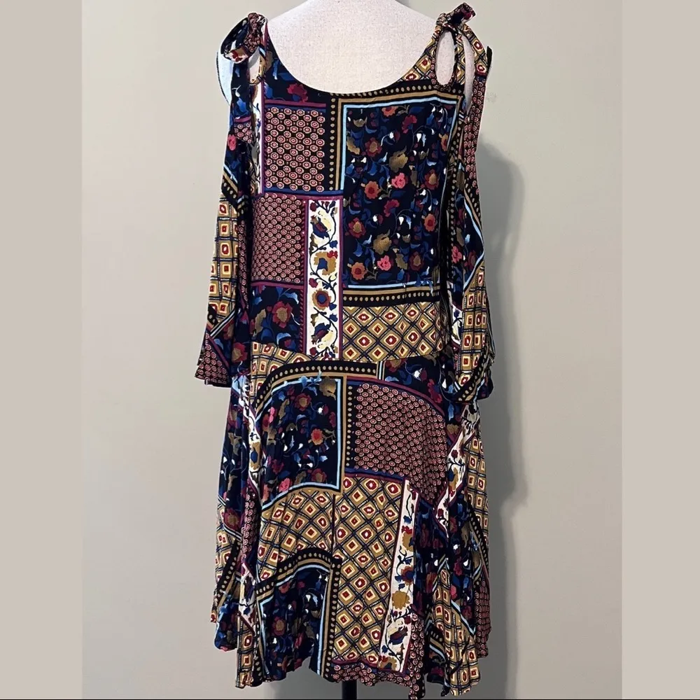 ENTRO M quilt printed swing dress open shoulder ribbon tie detail short sleeves - Image 5