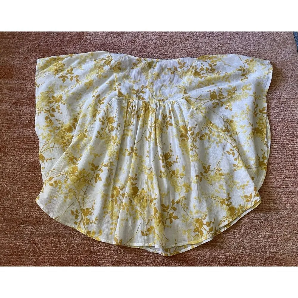 Bandolino Denim blouse PM petite yellow floral boho peasant top crochet trim - Image 4