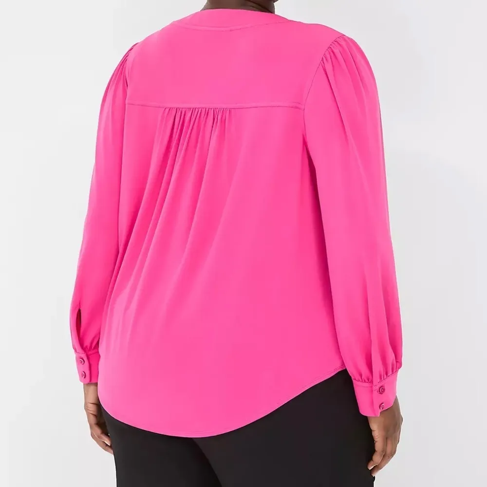 Lane Bryant Pink Peasant Smocked V Neck Long Sleeve Matte Jersey Blouse 26/28 - Image 10
