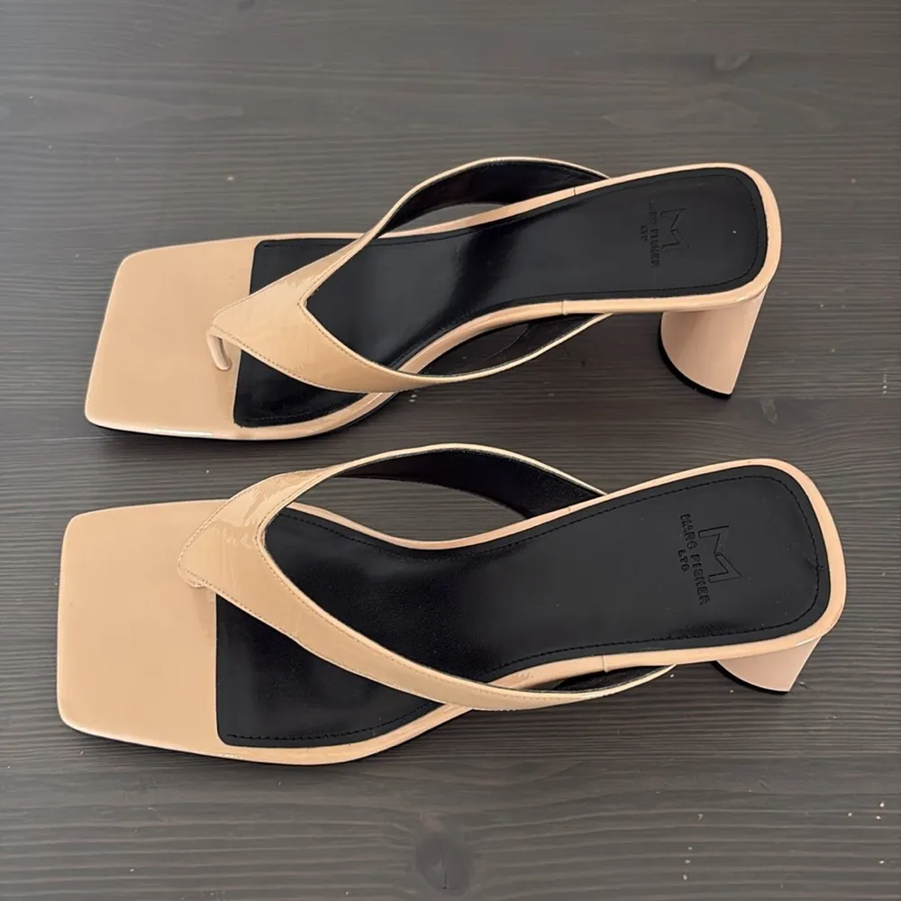 Marc Fisher Cadence Heeled Square Toe Sandal Thong Patent Leather Beige 8.5 - Image 13