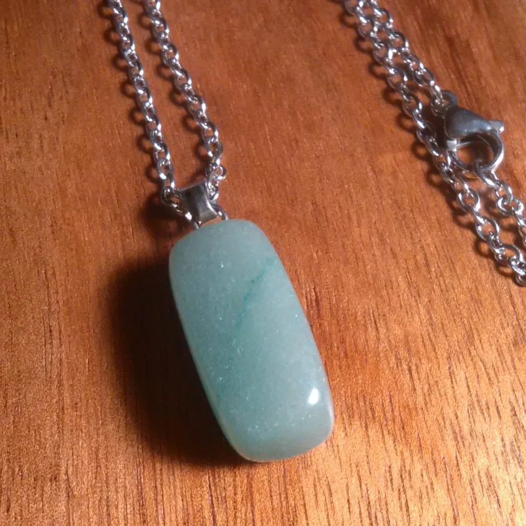 Green Aventurine Silvertone Brass Pendant Stainless Steel Necklace - Image 3