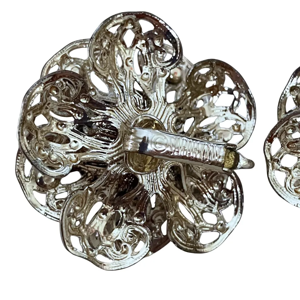 Vintage 60s Signed Sarah Coventry Filigree Red AB Clip On Flower Earrings Silver - Image 6