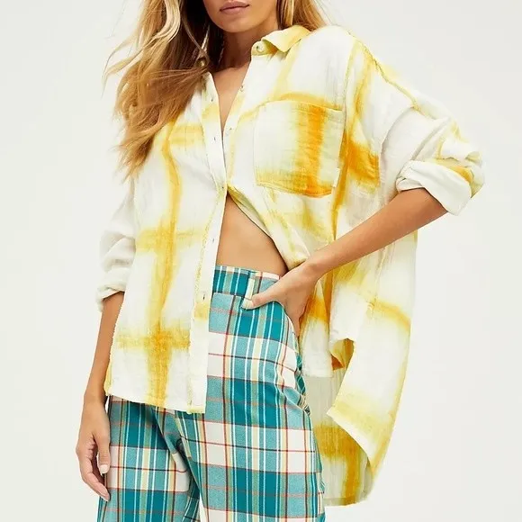 Free People We The Free Top Washed Away Yellow Windowpane Tie Dye Shirt Size XS - Image 14