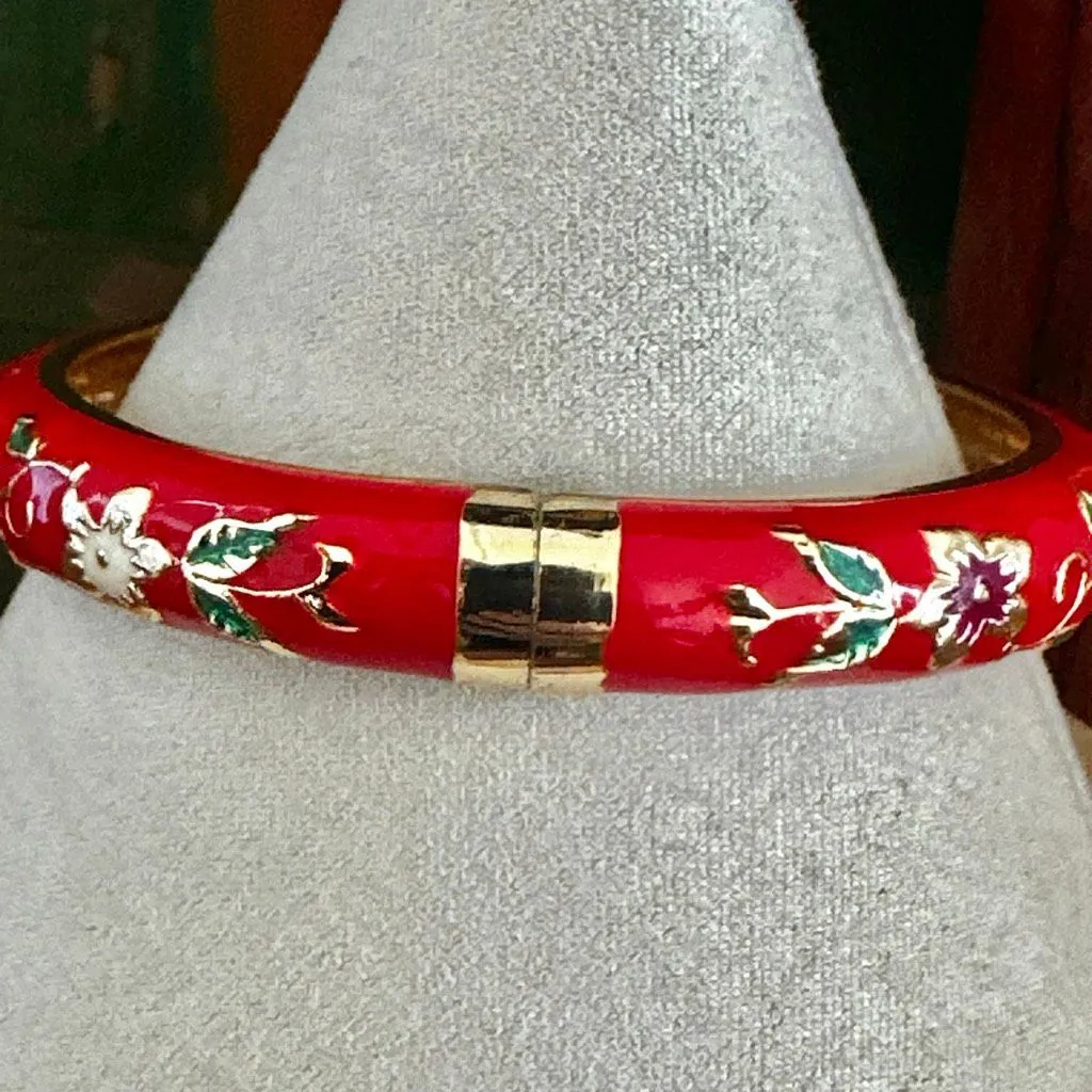 Red Floral Cloisonné Enamel Gold - Image 3