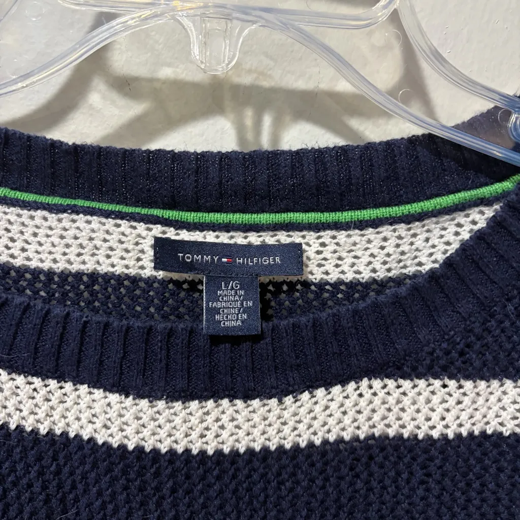 Tommy Hilfiger Knitted Top Large Women Navy Blue White Striped Knit Lightweight - Image 3