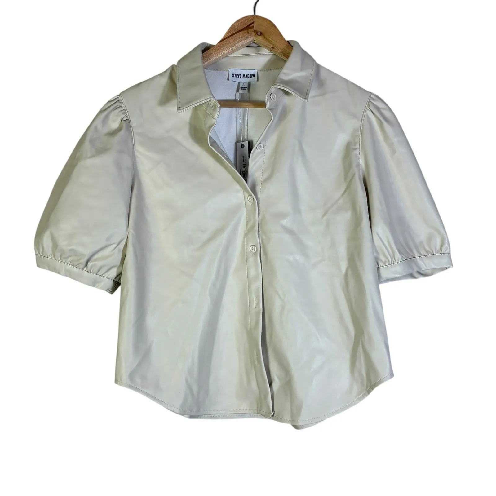 NWT Steve Madden Womens Faux Leather Puff Sleeve Top Size L Cream Clean Girl - Image 2