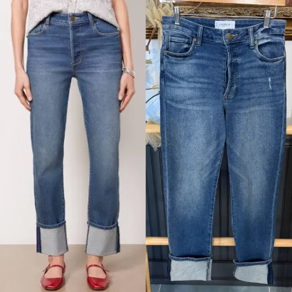 Evereve Ever Straight Jeans w Cuff Button Fly High Rise Stretch Sz 26 💛🍄 - Image 3