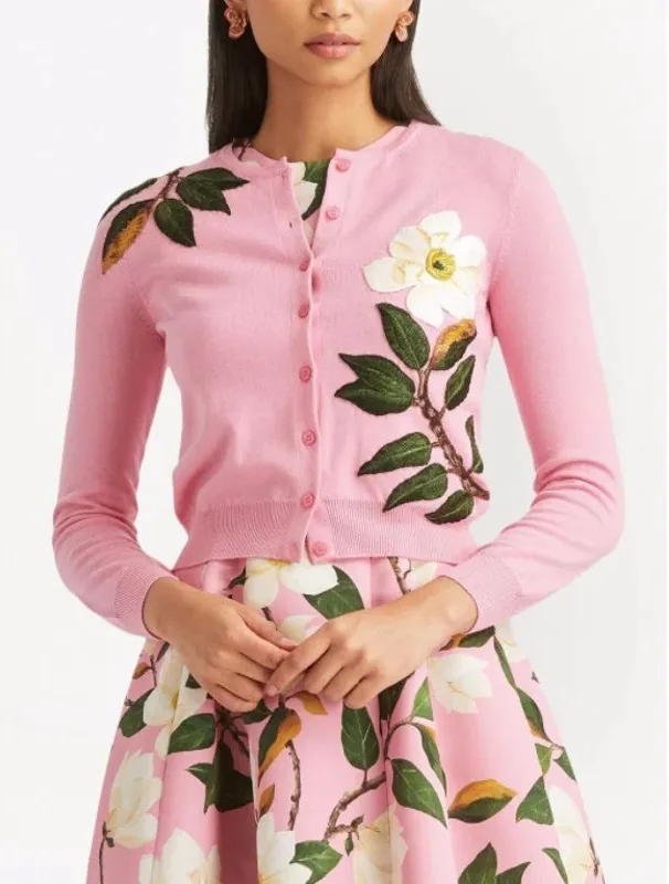 Oscar de la Renta Floral Embroidered wool Cardigan pink size Small $3411 - Image 1