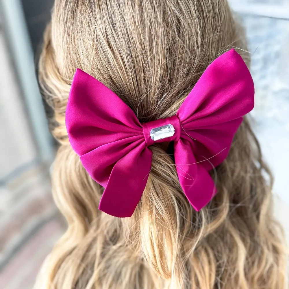 Handmade Magenta Pink Satin Hair Bow Clip With Jewel Made by ClosetVenture - Image 2