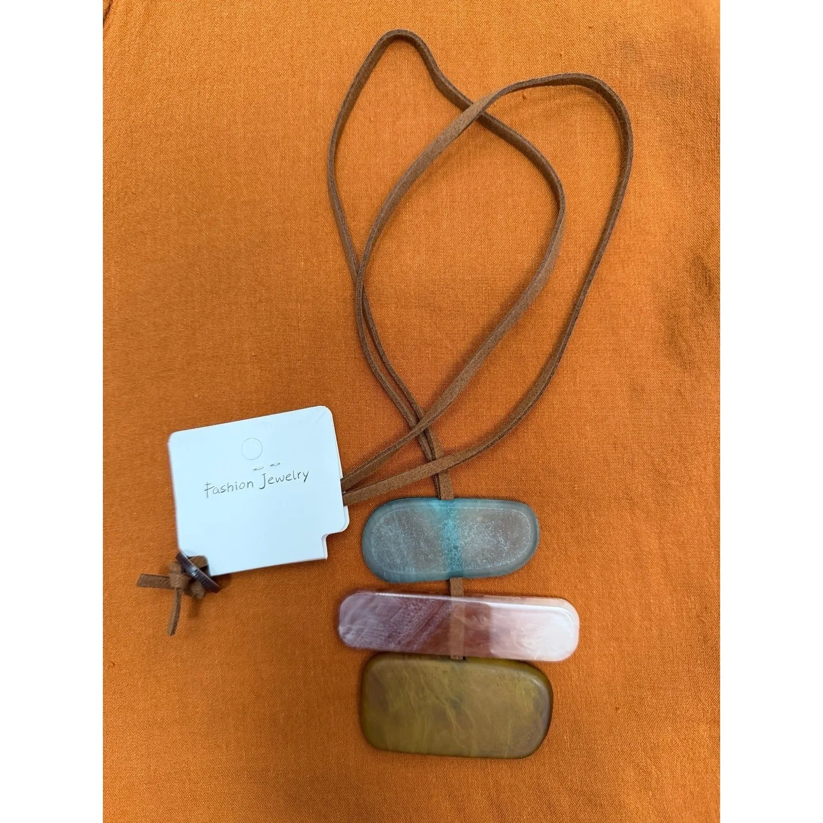 Boho Resin Geometric Pendant Necklace – Triple Color Stack, Adjustable RopeNWT - Image 2