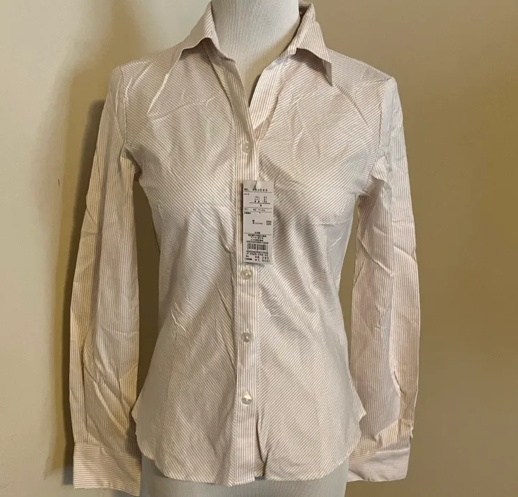 LISSEO Long Sleeve Button Down Shirt Beige White Striped Made in Japan Women's S Multiple - Image 2