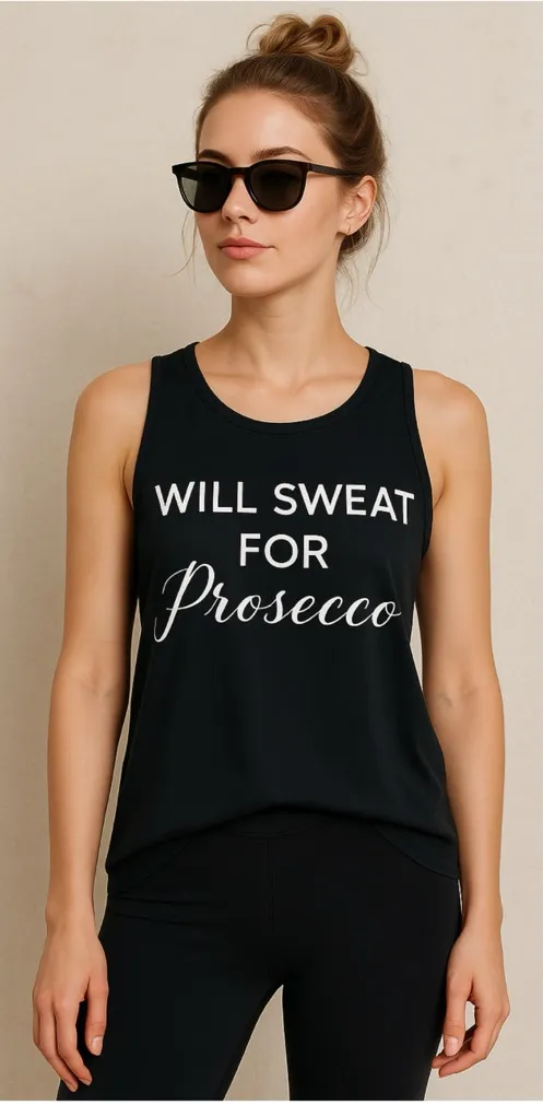 Workout Black “Will Sweat For Prosecco” Graphic Tank Top Women’s Size XL 14 - Image 2