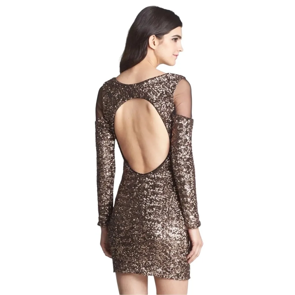 Dress the Population Jaden Cutout Dress Size Small Copper Sequin Long Sleeve - Image 5