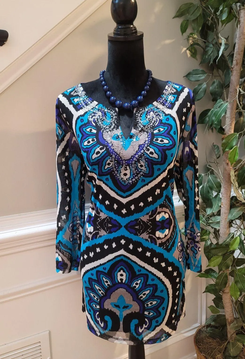 INC International Concepts Top Women's XL Multicolor Beaded Print Long Sleeve - Image 2