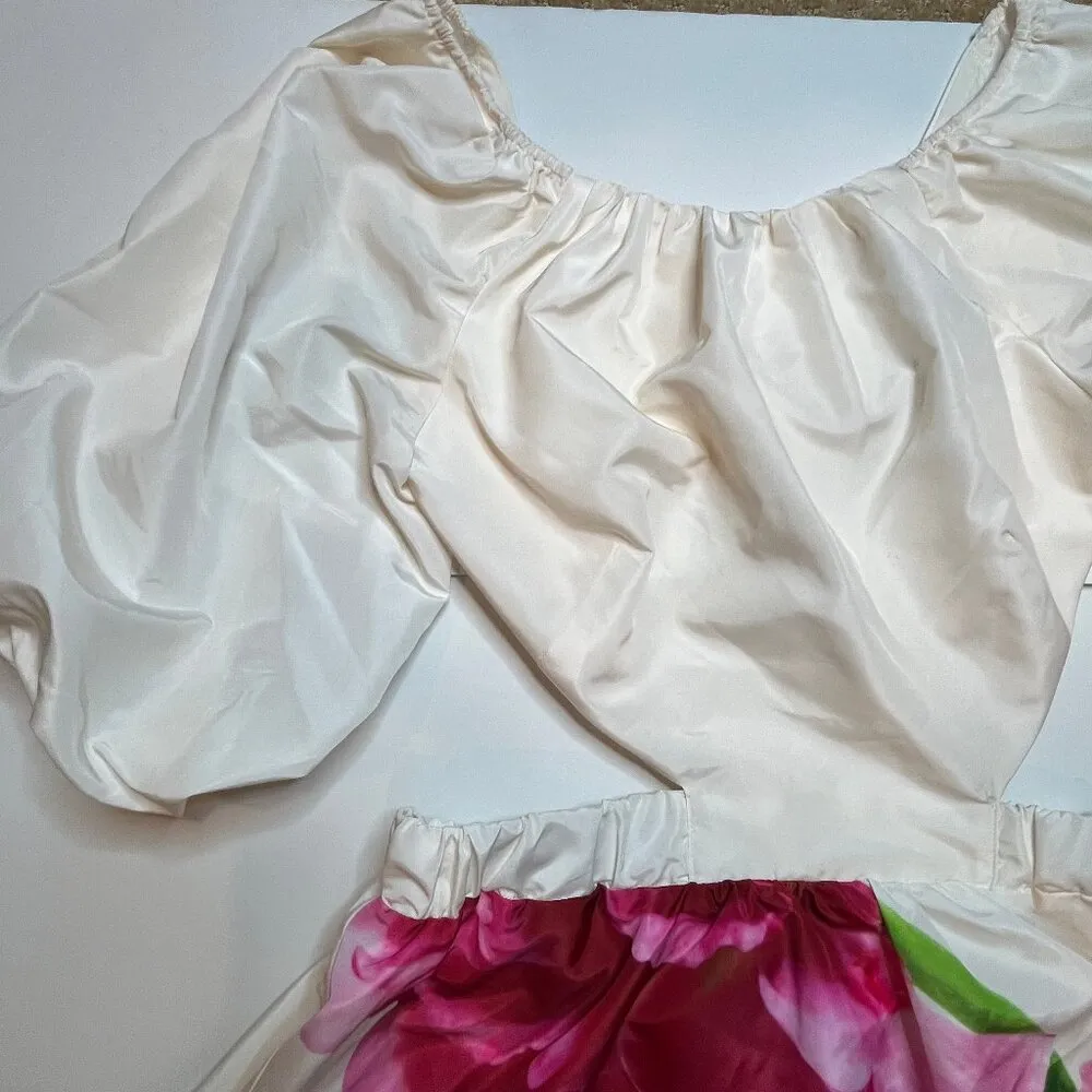 Express Puff Sleeve Cream Pink Cut Out Floral Print Mini Dress Smocked Back SZ M - Image 4