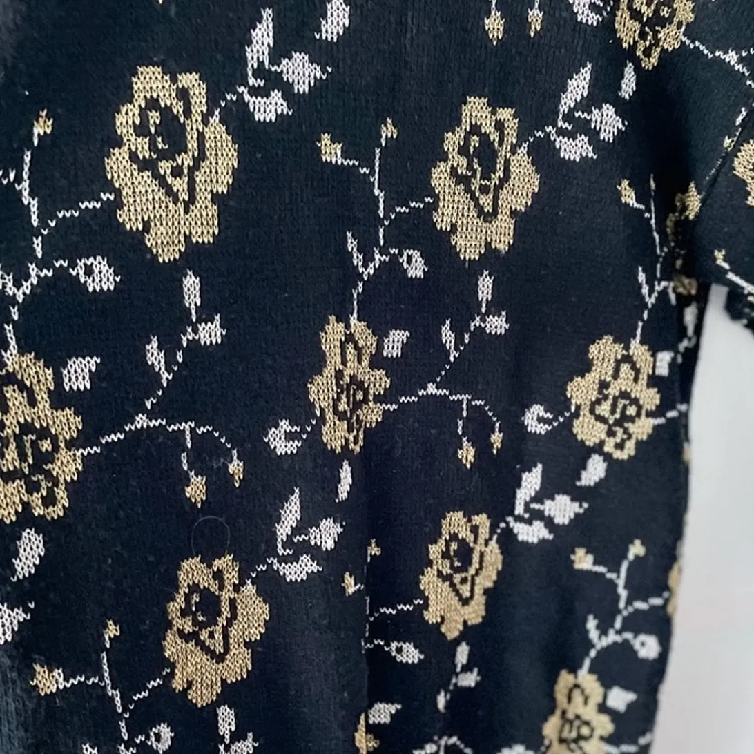 Vintage Metallic Gold Rose Dark Romance Crewneck Sweater size small medium S/M Black - Image 3
