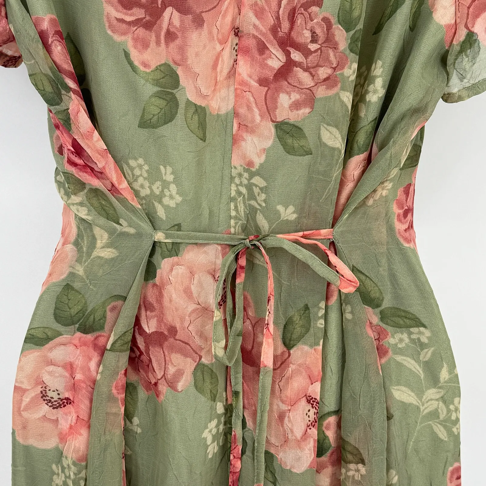 Vintage Fashion Bug Floral Maxi Dress  Women 12 Green Pink Roses Romantic Spring - Image 9