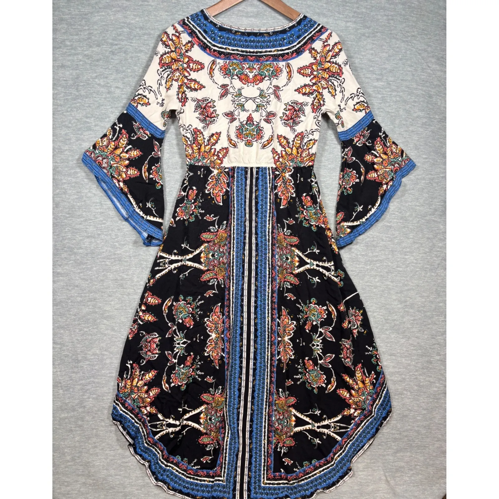 FLYING TOMATO Dress M Boho Floral Faux Wrap Maxi Bell Sleeve High Low Hippy - Image 5