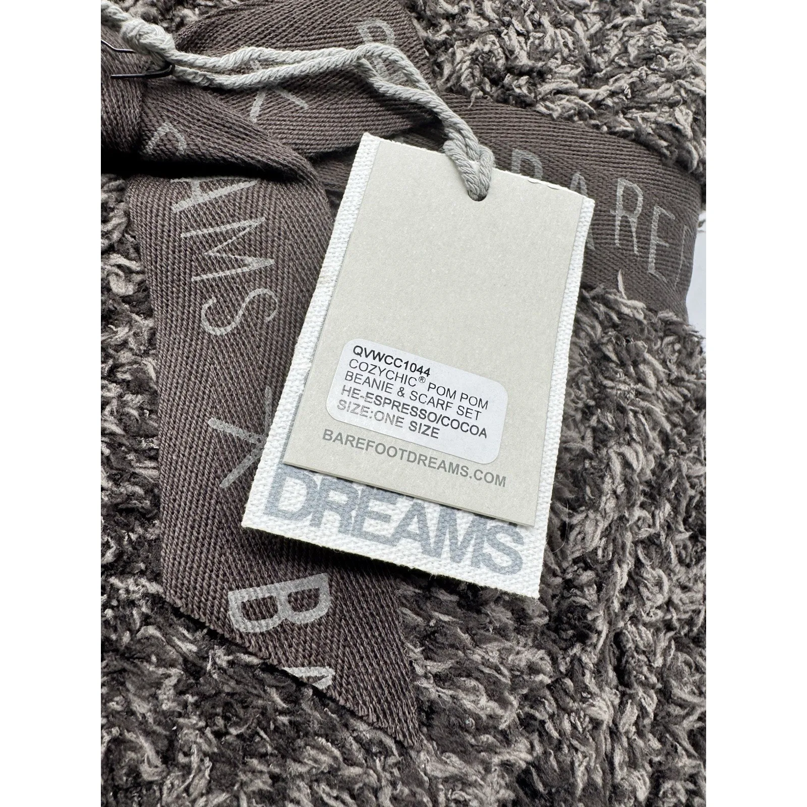 NWT Barefoot Dreams CozyChic Pom Pom Beanie Hat & Scarf Gift Set Espresso Brown - Image 5