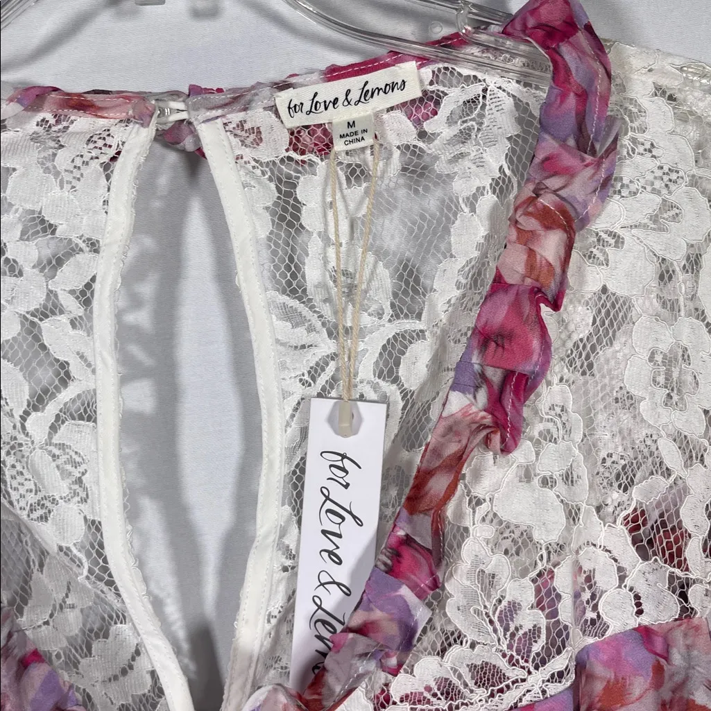 FOR LOVE AND LEMONS LARA PINK ROMANTIC LACE SEMI CROP TOP BLOUSE MEDIUM NEW - Image 3