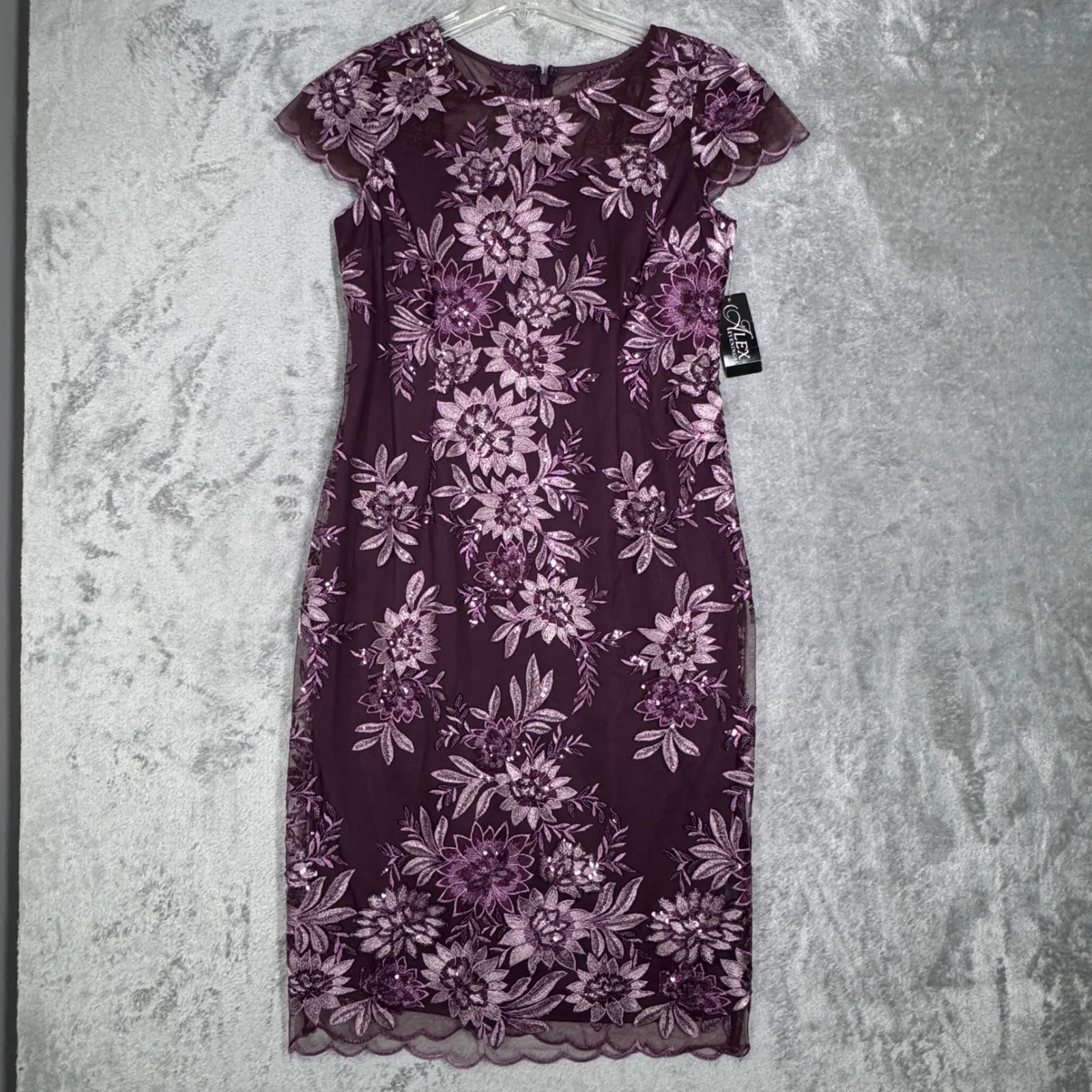 Alex Evenings Dress Women 8 Plum Purple Floral Lace Sequin Sheath Cocktail Party - Image 2