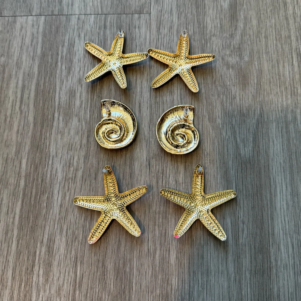 Faux Gold and Pink Starfish and Snail Shell metallic Earrings Set x 3 - Image 2