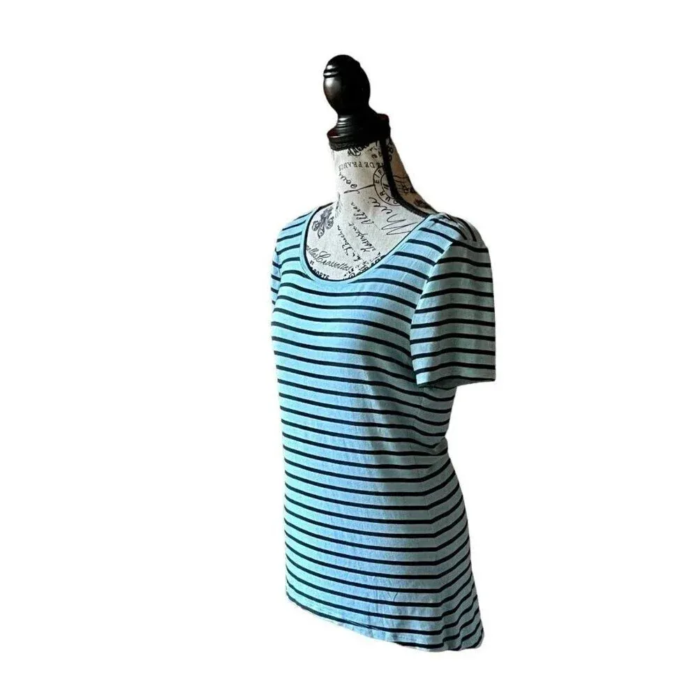 Tahari Scoop Neck Tunic Top tee T-Shirt Light Blue & Black Stripes Size M - Image 4