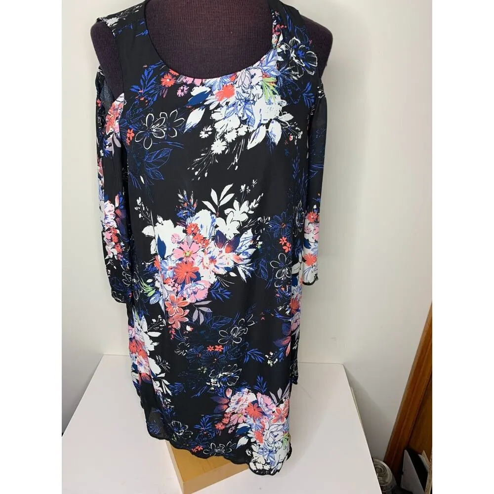 Lily Rose Womens Size M Dress Cold Shoulder Floral Crochet 3/4 Sleeve Scallop - Image 2